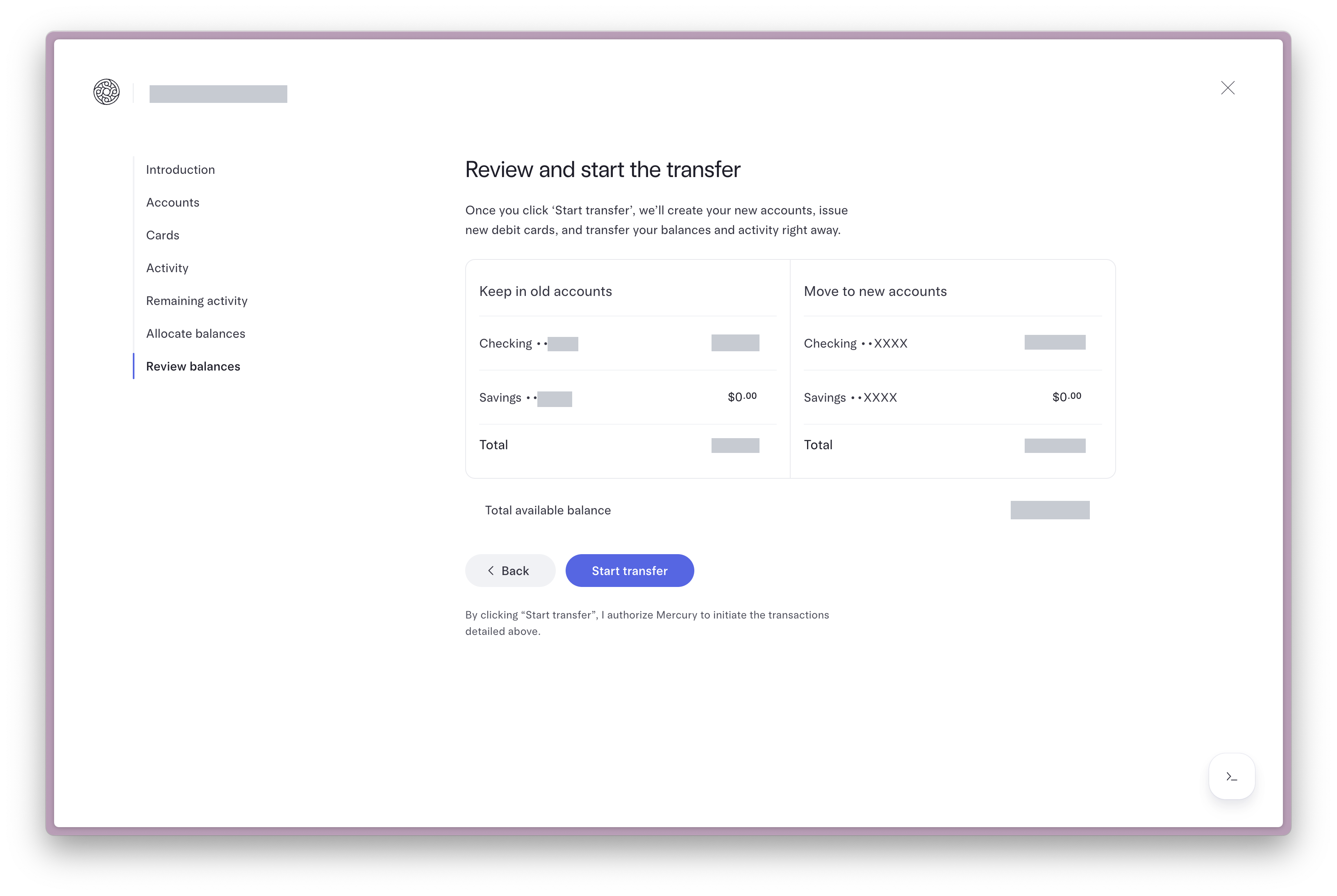 Review and start the transfer:Keep in old / Move to new 两栏,底部 Start transfer